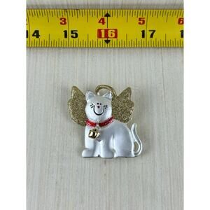 AJMC White Cat Pin Purrfect‎ Angel Christmas Holiday Gold Glitter Wings & Halo